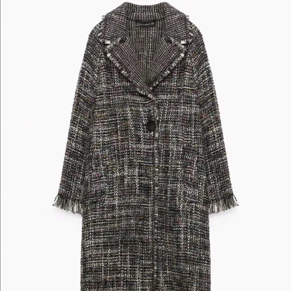 Zara Wool Boucle Midi Coat Frayed Edge Multi Black